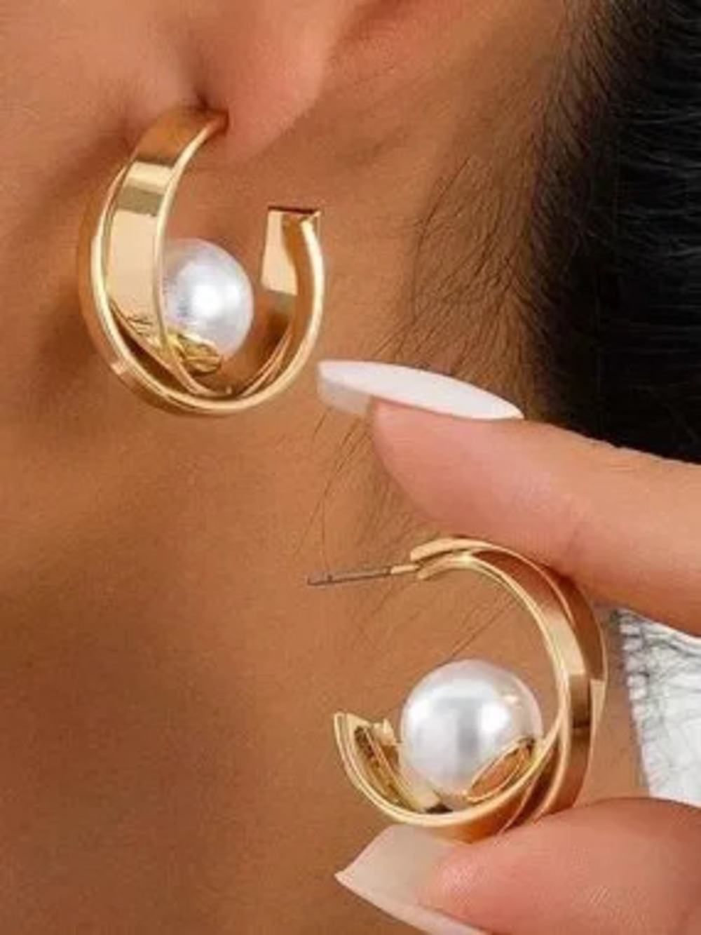 Anthropologie Gold Tone Hoop Earrings with White Pearl Accent